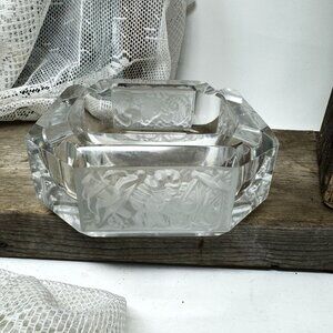 Vintage Bohemian Crystal Ashtray With Frosted Zodiac Design Elegant  & Heavy